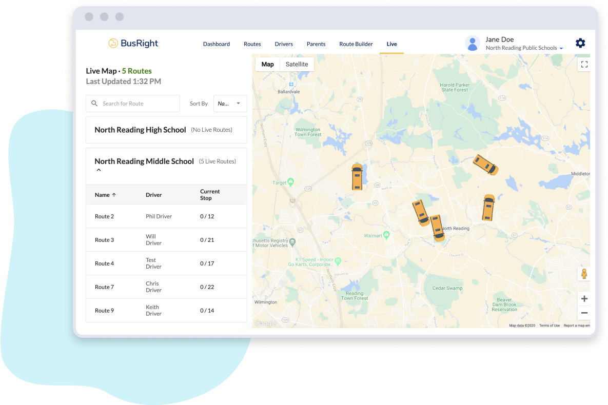 Screenshot of BusRight Web Platform Live Bus Tracker.