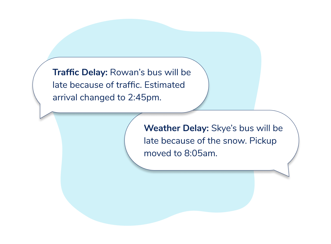 Illustration of notifications: (1) 'Traffic Delay: Rowan’s bus will be late because of traffic. Estimated arrival changed to 2:45pm.' (2) 'Weather Delay: Skye’s bus will be late because of the snow. Pickup moved to 8:05am.'.